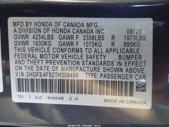 Продаж на аукціоні авто 2026 Honda Civic Hybrid Sport/sport Touring, vin: 2HGFE4F82TH309468, номер лоту: 46012758