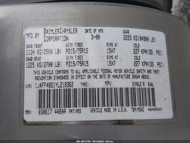 Продаж на аукціоні авто 2000 Jeep Cherokee Sport, vin: 1J4FF48S1YL218362, номер лоту: 46012759