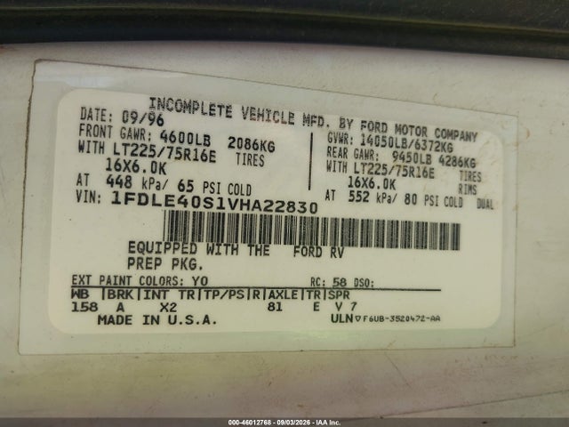 Aukcja sprzedaży 1997 Ford Econoline E450 Super Duty Cutwy  Rv, vin: 1FDLE40S1VHA22830, numer aukcji: 46012768