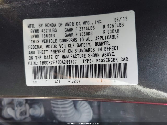 Aukcja sprzedaży 2013 Honda Accord Ex, vin: 1HGCR2F75DA209707, numer aukcji: 46012772