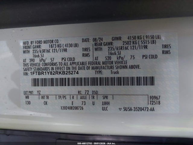 Продаж на аукціоні авто 2024 Ford Transit-250, vin: 1FTBR1Y82RKB25274, номер лоту: 46012783