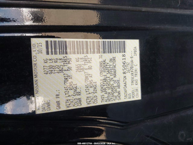 46012784 :رقم المزاد ، 5BZAF0AA7GN850618 vin ، 2016 Nissan Nv Passenger Nv3500 Hd Sl V8 مزاد بيع