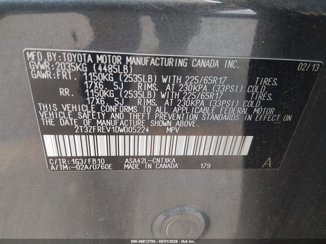 Aukcja sprzedaży 2013 Toyota Rav4 Le, vin: 2T3ZFREV1DW005224, numer aukcji: 46012785