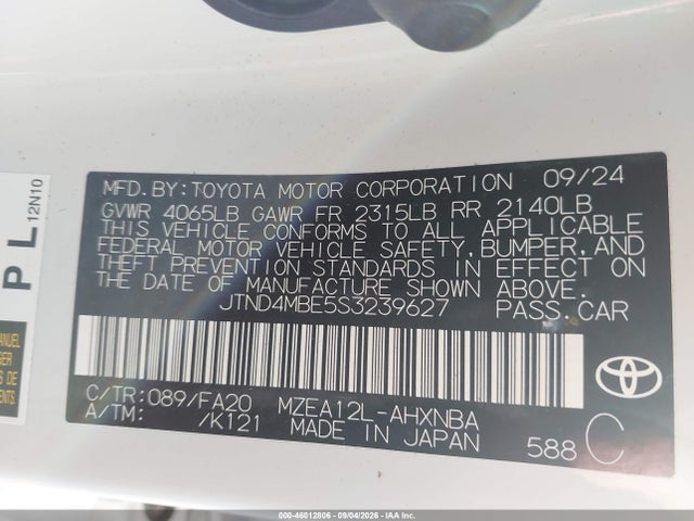46012806 :رقم المزاد ، JTND4MBE5S3239627 vin ، 2025 Toyota Corolla Se مزاد بيع