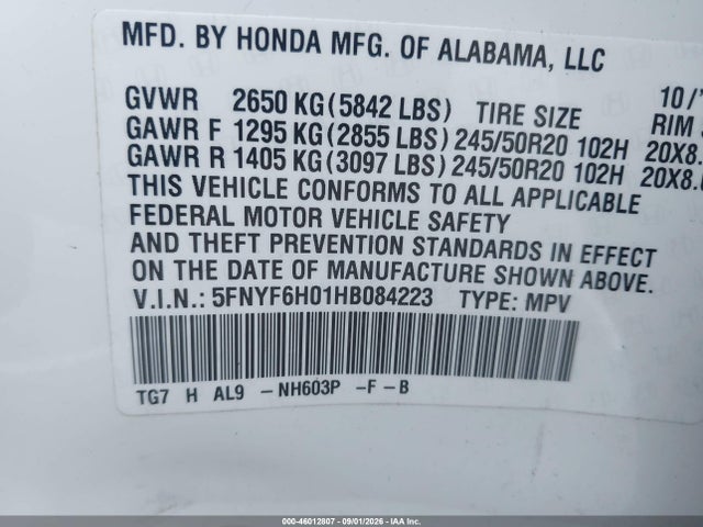 Aukcja sprzedaży 2017 Honda Pilot Elite, vin: 5FNYF6H01HB084223, numer aukcji: 46012807