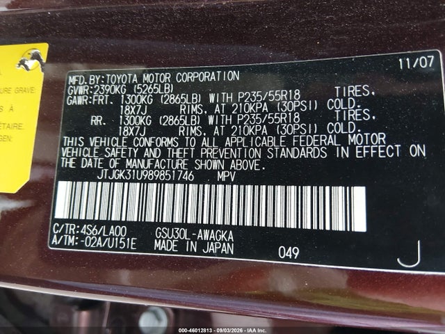 Aukcja sprzedaży 2008 Lexus Rx 350, vin: JTJGK31U989851746, numer aukcji: 46012813