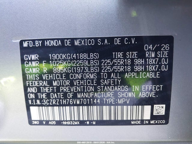 2027 Honda Hr-v Ex-l 2wd მანქანა იყიდება აუქციონზე, vin: 3CZRZ1H76VM701144, აუქციონის ნომერი: 46012819