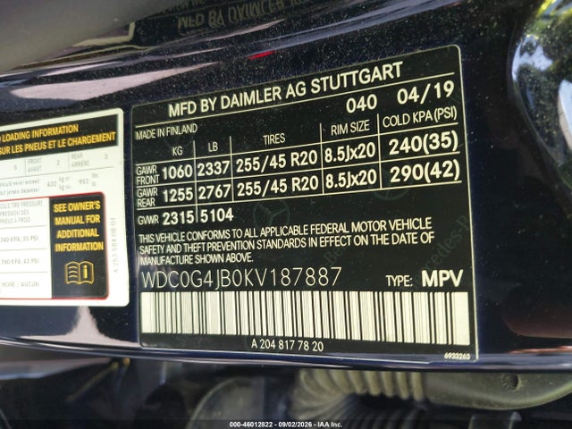 Aukcja sprzedaży 2019 Mercedes-benz Glc 300, vin: WDC0G4JB0KV187887, numer aukcji: 46012822