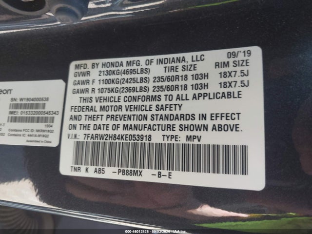 Продажа на аукционе авто 2019 Honda Cr-v Ex-l, vin: 7FARW2H84KE053918, номер лота: 46012826