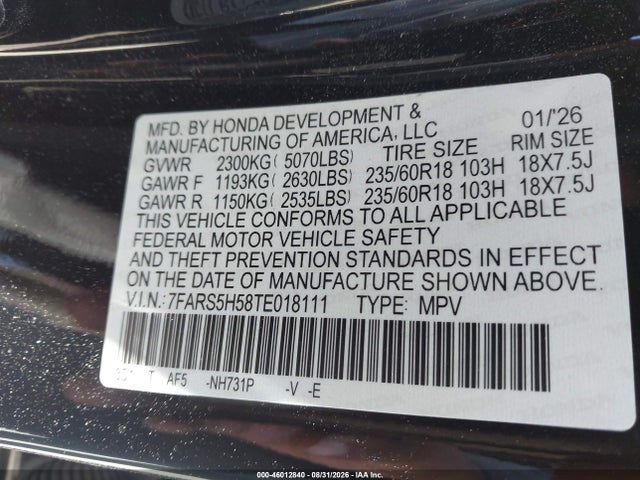 Aukcja sprzedaży 2026 Honda Cr-v Hybrid 2wd Sport, vin: 7FARS5H58TE018111, numer aukcji: 46012840