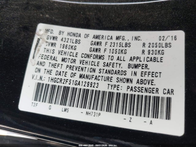 1HGCR2F51GA129923 Honda Accord Sport