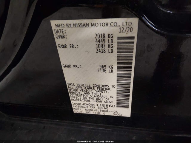 46012850 :رقم المزاد ، 1N4BL4DW0MN338860 vin ، 2021 Nissan Altima Sv Intelligent Awd مزاد بيع