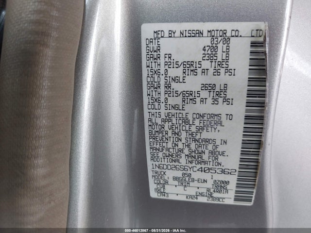 Продаж на аукціоні авто 2000 Nissan Frontier Xe, vin: 1N6DD26S6YC405362, номер лоту: 46012867