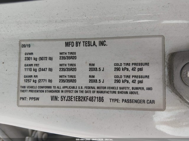 Aukcja sprzedaży 2019 Tesla Model 3 Long Range/performance, vin: 5YJ3E1EB2KF487186, numer aukcji: 46012868