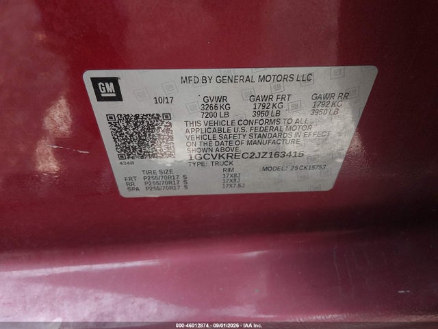 2018 Chevrolet Silverado 1500 1lt მანქანა იყიდება აუქციონზე, vin: 1GCVKREC2JZ163415, აუქციონის ნომერი: 46012874