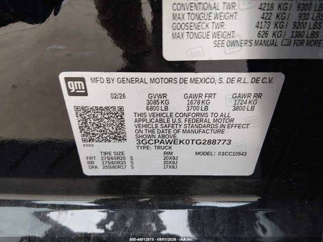 Продаж на аукціоні авто 2026 Chevrolet Silverado 1500 2wd  Short Bed Rst, vin: 3GCPAWEK0TG288773, номер лоту: 46012875