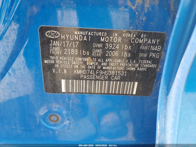 Aukcja sprzedaży 2017 Hyundai Elantra Se, vin: KMHD74LF9HU381531, numer aukcji: 46012908