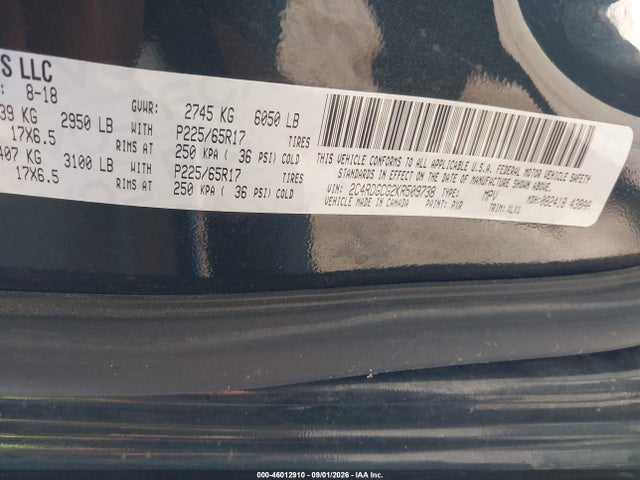 46012910 :رقم المزاد ، 2C4RDGCG2KR509738 vin ، 2019 Dodge Grand Caravan Sxt مزاد بيع