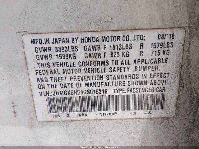 Продажа на аукционе авто 2016 Honda Fit Lx, vin: JHMGK5H58GS015316, номер лота: 46012918