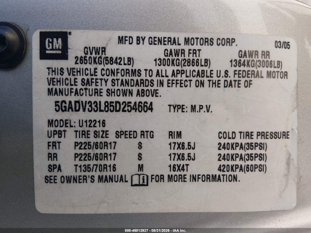 Aukcja sprzedaży 2005 Buick Terraza Cxl, vin: 5GADV33L85D254664, numer aukcji: 46012927