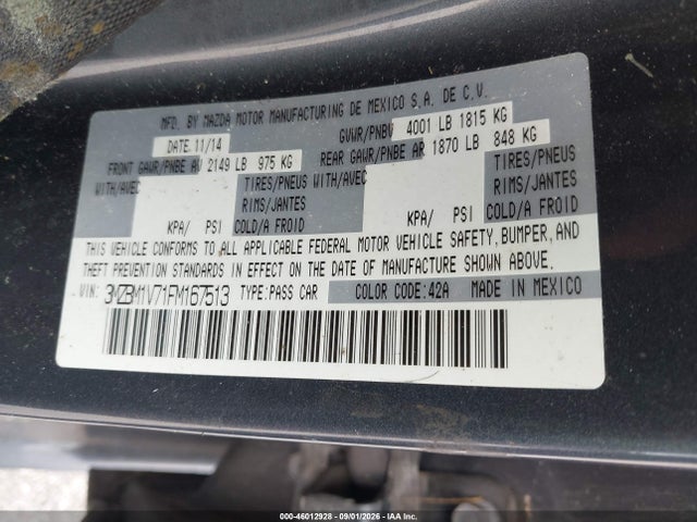 46012928 :رقم المزاد ، 3MZBM1V71FM167513 vin ، 2015 Mazda Mazda3 I Touring مزاد بيع