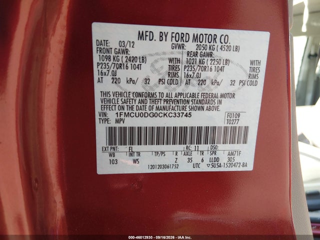 Продажа на аукционе авто 2012 Ford Escape Xlt, vin: 1FMCU0DG0CKC33745, номер лота: 46012930