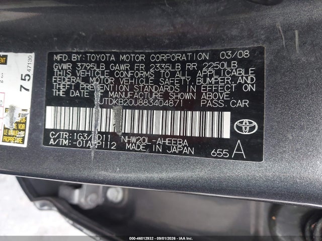 Продажа на аукционе авто 2008 Toyota Prius, vin: JTDKB20U883404871, номер лота: 46012932