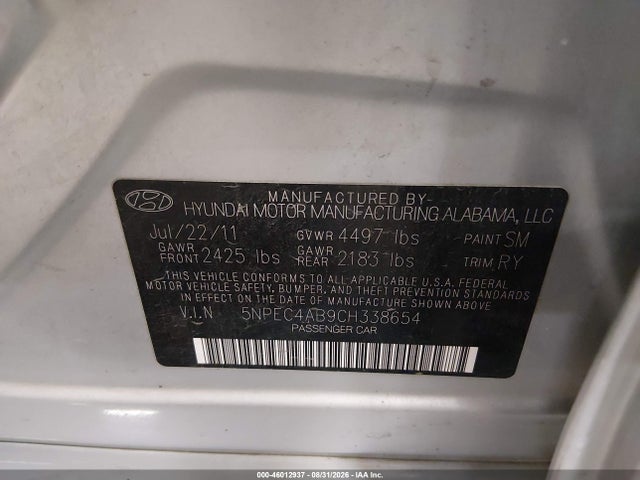 46012937 :رقم المزاد ، 5NPEC4AB9CH338654 vin ، 2012 Hyundai Sonata Limited 2.0t مزاد بيع