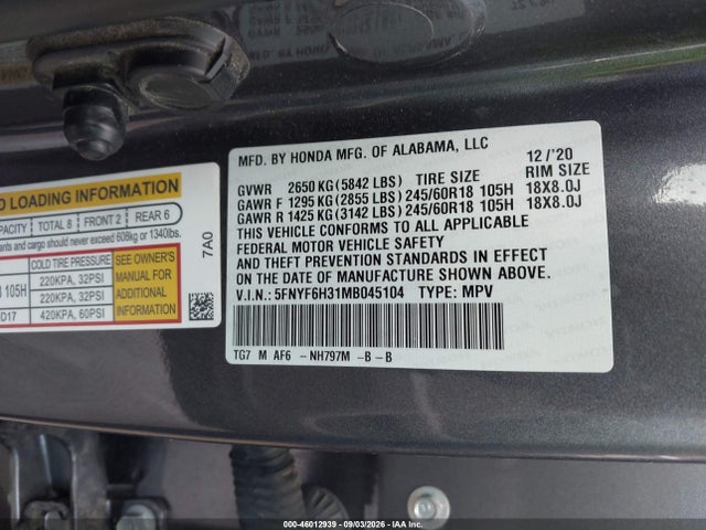 Aukcja sprzedaży 2021 Honda Pilot Awd Ex, vin: 5FNYF6H31MB045104, numer aukcji: 46012939