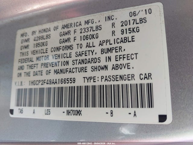 Продаж на аукціоні авто 2010 Honda Accord 2.4 Lx-p, vin: 1HGCP2F49AA166559, номер лоту: 46012943