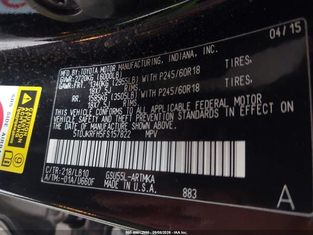 Aukcja sprzedaży 2015 Toyota Highlander Xle V6, vin: 5TDJKRFH5FS157822, numer aukcji: 46012950