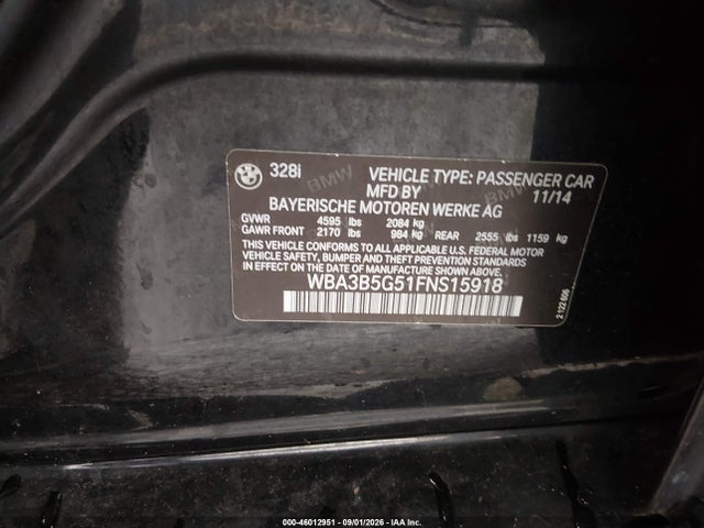 2015 Bmw 328i Xdrive მანქანა იყიდება აუქციონზე, vin: WBA3B5G51FNS15918, აუქციონის ნომერი: 46012951