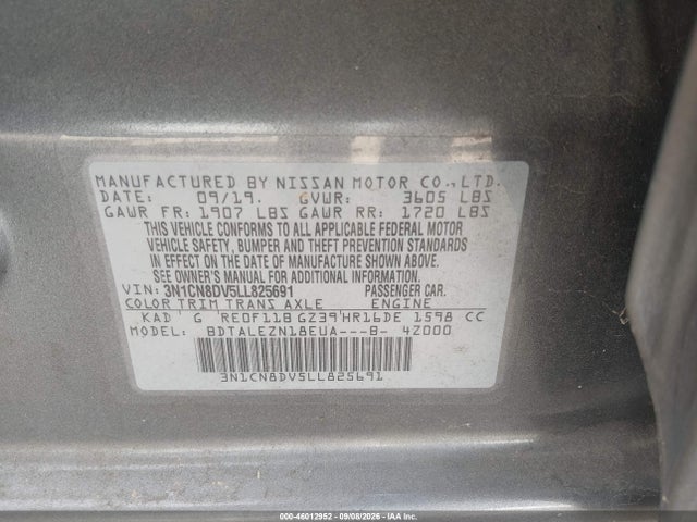 Продажа на аукционе авто 2020 Nissan Versa S Xtronic Cvt, vin: 3N1CN8DV5LL825691, номер лота: 46012952
