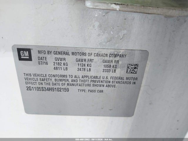 46012962 :رقم المزاد ، 2G1105S34H9102159 vin ، 2017 Chevrolet Impala 1lt مزاد بيع