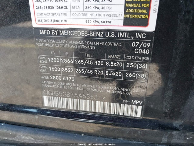 Продаж на аукціоні авто 2010 Mercedes-benz Ml 350, vin: 4JGBB5GB2AA536317, номер лоту: 46012967