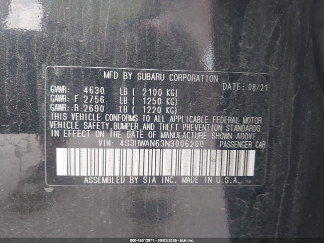 2022 Subaru Legacy Limited მანქანა იყიდება აუქციონზე, vin: 4S3BWAN63N3006200, აუქციონის ნომერი: 46012971