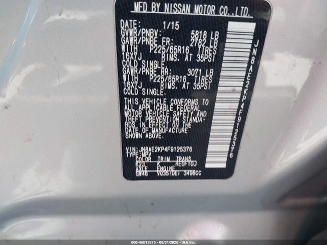 Продажа на аукционе авто 2015 Nissan Quest Platinum/s/sl/sv, vin: JN8AE2KP4F9125376, номер лота: 46012975