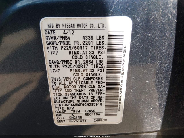 Продажа на аукционе авто 2012 Nissan Rogue Sv, vin: JN8AS5MT6CW295918, номер лота: 46012980