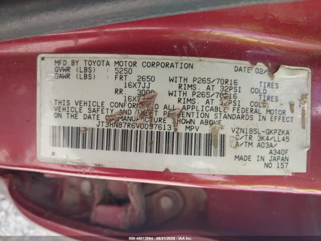 46012994 :رقم المزاد ، JT3HN87R6V0097613 vin ، 1997 Toyota 4runner Sr5 V6 Limited مزاد بيع