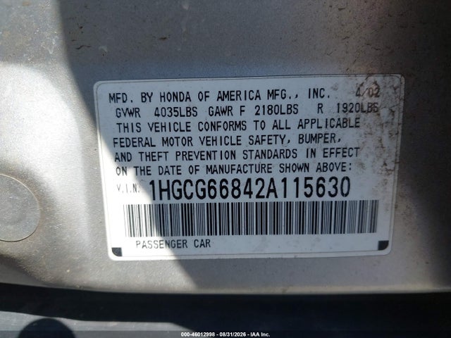 46012998 :رقم المزاد ، 1HGCG66842A115630 vin ، 2002 Honda Accord 2.3 Ex/2.3 Se مزاد بيع