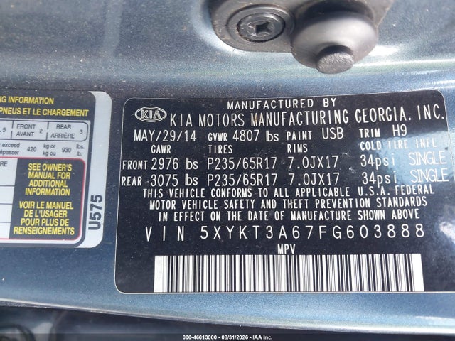 46013000 :رقم المزاد ، 5XYKT3A67FG603888 vin ، 2015 Kia Sorento Lx مزاد بيع