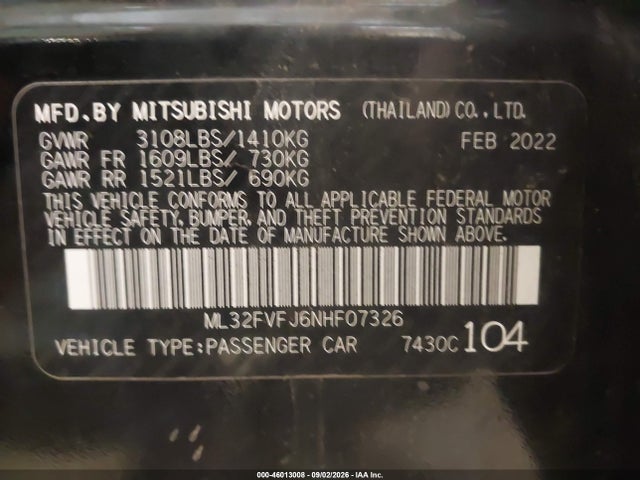 Продаж на аукціоні авто 2022 Mitsubishi Mirage G4 Se, vin: ML32FVFJ6NHF07326, номер лоту: 46013008