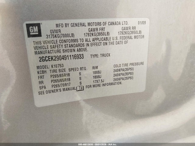 Продажа на аукционе авто 2009 Chevrolet Silverado 1500 Lt, vin: 2GCEK290491116933, номер лота: 46013038