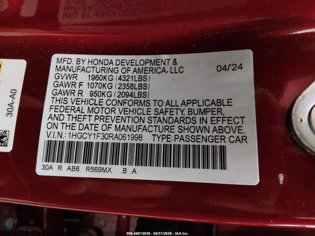 Продажа на аукционе авто 2024 Honda Accord Ex, vin: 1HGCY1F30RA061998, номер лота: 46013039