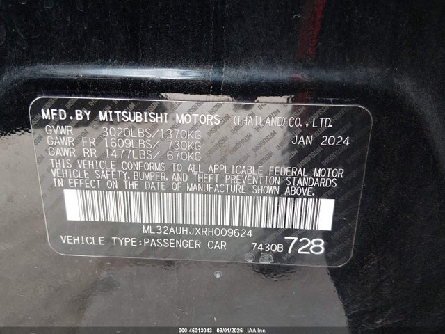 Aukcja sprzedaży 2024 Mitsubishi Mirage Es/le, vin: ML32AUHJXRH009624, numer aukcji: 46013043