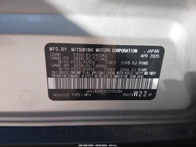 46013055 :رقم المزاد ، JA4J4VA83SZ035294 vin ، 2025 Mitsubishi Outlander Se 2.5 S-awc/trail Edition S-awc مزاد بيع