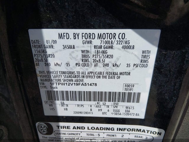 2009 Ford F-150 King Ranch/lariat/platinum/xl/xlt მანქანა იყიდება აუქციონზე, vin: 1FTPW12V19FA51478, აუქციონის ნომერი: 46013088