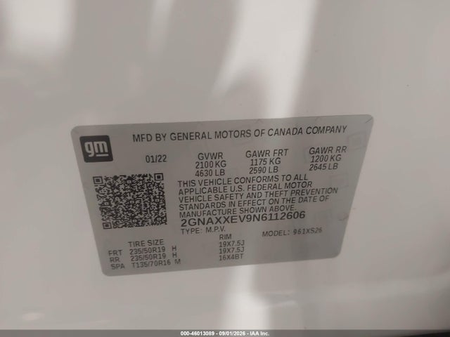 46013089 :رقم المزاد ، 2GNAXXEV9N6112606 vin ، 2022 Chevrolet Equinox Awd Premier مزاد بيع