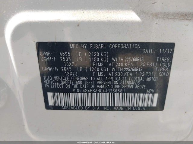 2018 Subaru Outback 2.5i Limited მანქანა იყიდება აუქციონზე, vin: 4S4BSANC4J3266581, აუქციონის ნომერი: 46013092