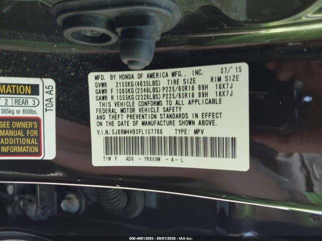 46013093 :رقم المزاد ، 5J6RM4H90FL107766 vin ، 2015 Honda Cr-v Touring مزاد بيع